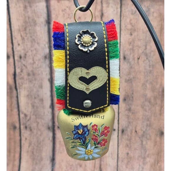 Vintage Swiss Cow Bell Switzerland Souvenir Floral Brass Tone Cowbell With Strap - Picture 1 of 6